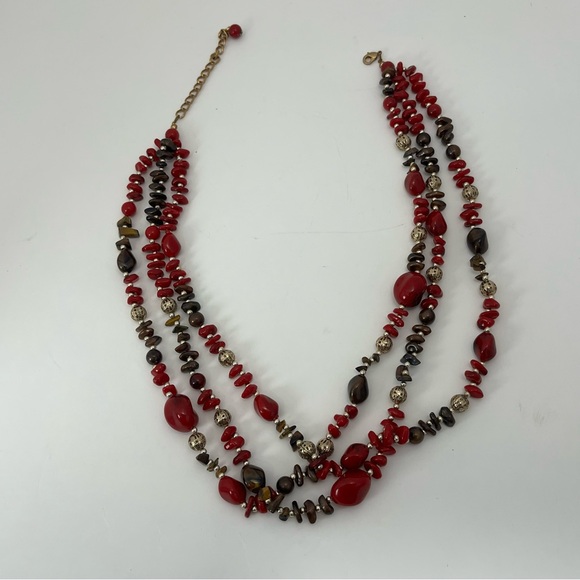 VTG 3 Strand Stone Beaded Red Brown Gold Tone - Picture 2 of 7